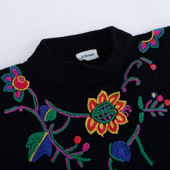 Vintage St Michael Black w Embroidered Floral Knit Mockneck Sweater L - Picture 11 of 12